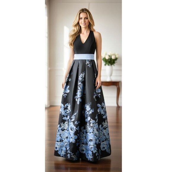 ELIZA J Evening - Two Tone Floral Printed A-Line Dress, Blue/Black/Gold Size 2 - Picture 1 of 6